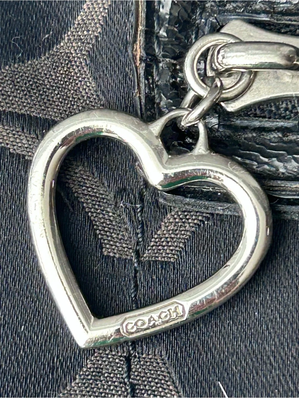 Coach #F20064 Black & Brown Signature Fabric Crossbody Hobo Bag Heart Charm